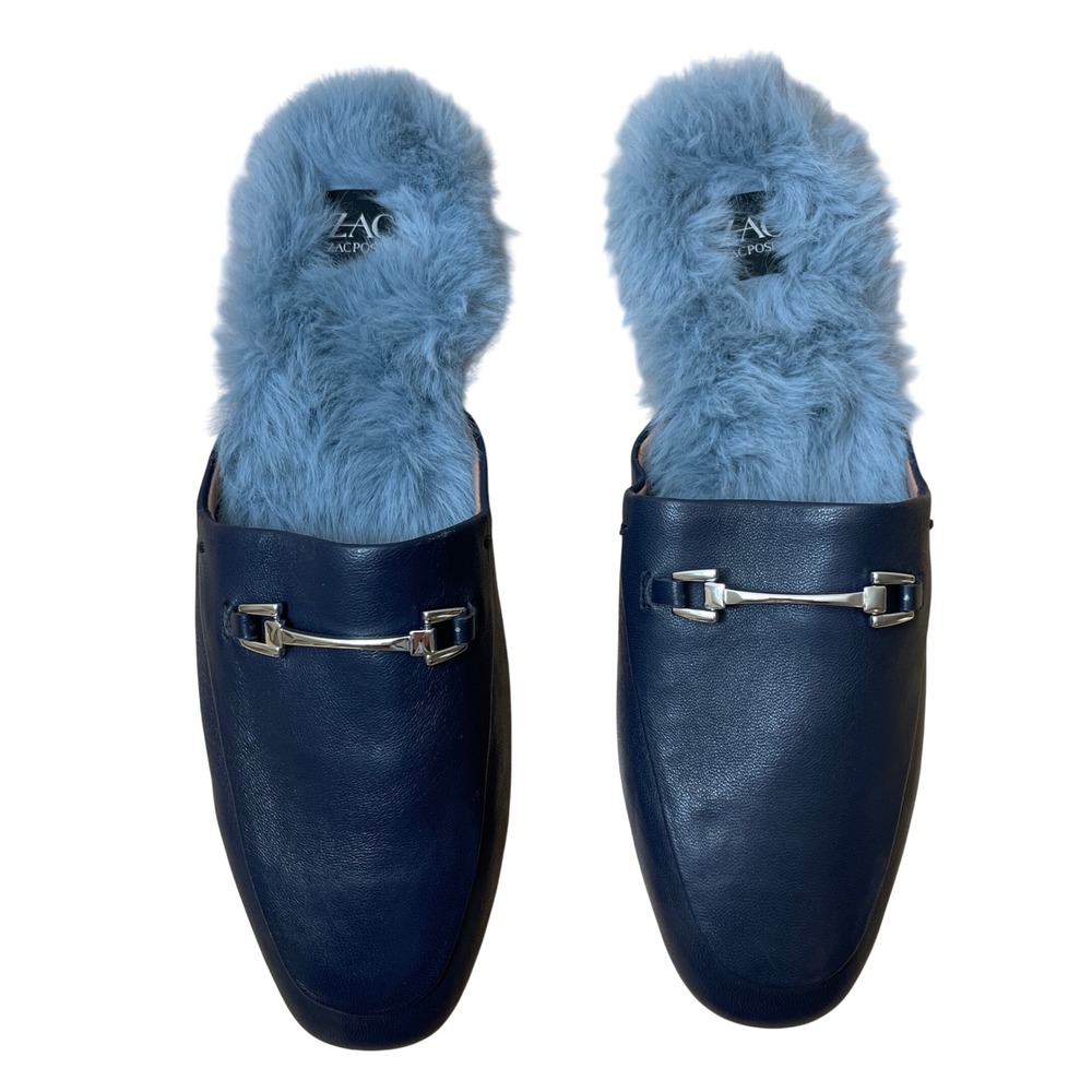 Zac Posen Navy Leather Fur Lined Mule Loafer‎ Shoes Women's Size 6M